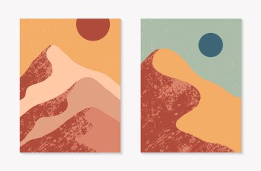 Yaratıcı soyut dağ manzaraları seti. Yüzyılın ortalarında dağlar veya çöl kum tepeleri, gökyüzü, güneş veya ay gibi modern vektör çizimleri. Moda tasarımları. Geleceğin duvar sanat dekoru..