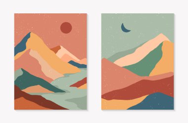 Bir dizi yaratıcı soyut dağ manzarası ve dağ sıraları. Yüzyılın ortalarında, el çizimi dağlar, deniz veya çöl, gökyüzü, güneş, ay gibi çağdaş tasarım içeren modern vektör çizimleri..