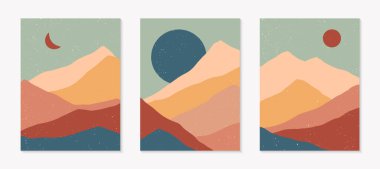 Yaratıcı soyut dağ manzaraları seti. Yüzyılın ortalarında dağlar veya çöl kum tepeleri, gökyüzü, güneş veya ay gibi modern vektör çizimleri. Moda tasarımları. Geleceğin duvar sanat dekoru..