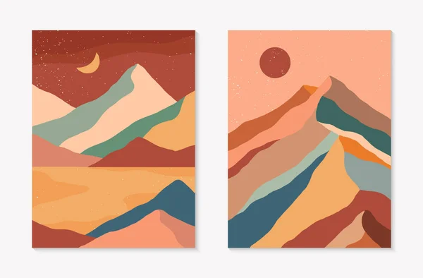 Set Creative Abstract Mountain Landscape Mountain Range Backgrounds Mid Century — Stock Vector