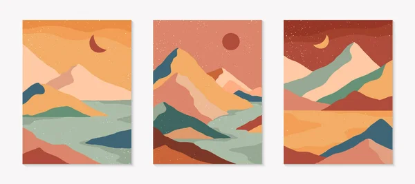 Set Creative Abstract Mountain Landscape Mountain Range Backgrounds Mid Century — Stock Vector