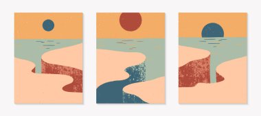 Set of creative abstract rocky mountain landscape backgrounds.Mid century modern vector illustrations with hand drawn cliffed coast,sky and sun.Trendy contemporary design.Futuristic wall art decor clipart
