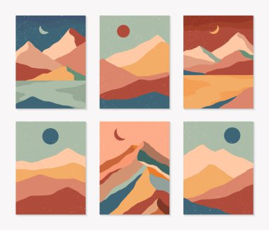Yaratıcı soyut dağ manzaraları, dağ sıraları, çöl kumulları. Elle çizilmiş dağlar, deniz veya göl, gökyüzü, güneş ve ay gibi modern tasarım..