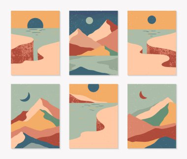 Bundle of creative abstract mountain landscapes,mountain range,cliffed coast backgrounds.Mid century modern vector illustrations with hand drawn mountains,sea or lake,sky,sun and moon.Trendy design. clipart
