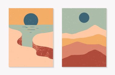 Set of creative abstract rocky mountain landscape backgrounds.Mid century modern vector illustrations with cliffed coast,sand dunes,sky and sun.Trendy contemporary design.Futuristic wall art decor clipart
