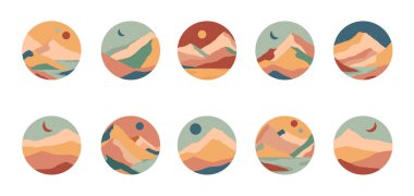 Yaratıcı soyut dağ manzaraları ve kum tepecikleri ikonlar etrafında. Sosyal medya kapsamı. Hikayeler için modaya uygun şablonlar. Elle çizilmiş dağlar, deniz, çöl, gökyüzü, güneş, ay şeklinde modern vektör çizimleri..