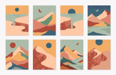 Bundle of creative abstract mountain landscapes,mountain range,desert dunes,cliffed coast backgrounds.Modern vector illustrations with hand drawn mountains,sea or lake,sky,sun and moon.Trendy design. clipart