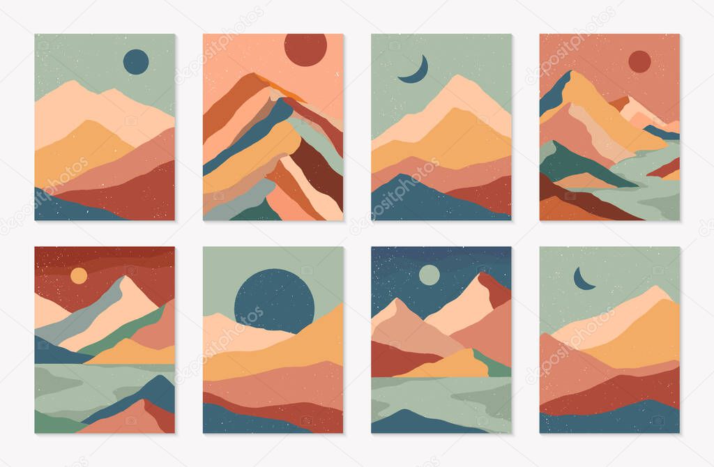 Bundle of creative abstract mountain landscapes,mountain range,desert dunes backgrounds.Mid century modern vector illustrations with hand drawn mountains,sea or lake,sky,sun and moon.Trendy design.