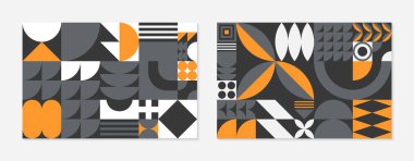 Bstrakt Bauhaus geometrik desenli pankartlar. Basit şekiller ve elementlerle son moda minimalist geometrik tasarım. Orta yüzyıl modern sanatsal çizimler..