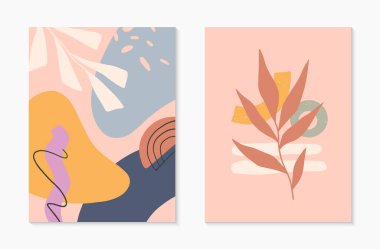 Set of mid century modern abstract vector illustrations with organic shapes and plants.Minimalistic art prints.Trendy artistic designs perfect for banners templates;social media,invitations;branding,covers