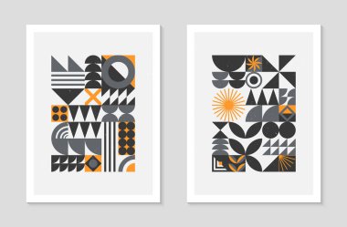 Soyut Bauhaus geometrik desenler dizisi. Basit şekilleri ve elementleri olan modaya uygun minimalist geometrik tasarım. Orta yüzyıl modern sanatsal vektör çizimleri..
