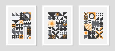 Soyut Bauhaus geometrik desenler dizisi. Basit şekiller ve elementlerle modaya uygun minimalist geometrik tasarım. Orta yüzyıl modern sanatsal vektör çizimi. Geleceğin duvar sanat dekoru..