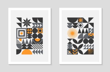 Soyut Bauhaus geometrik desenler dizisi. Basit şekilleri ve elementleri olan modaya uygun minimalist geometrik tasarım. Orta yüzyıl modern sanatsal vektör çizimleri..