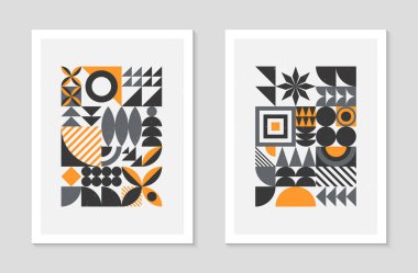 Soyut Bauhaus geometrik desenler dizisi. Basit şekilleri ve elementleri olan modaya uygun minimalist geometrik tasarım. Orta yüzyıl modern sanatsal vektör çizimleri..
