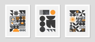 Soyut Bauhaus geometrik desenler dizisi. Basit şekilleri ve elementleri olan modaya uygun minimalist geometrik tasarım. Orta yüzyıl modern sanatsal vektör çizimleri..