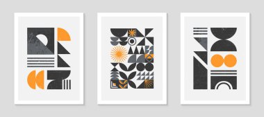 Soyut Bauhaus geometrik desenler dizisi. Basit şekilleri ve elementleri olan modaya uygun minimalist geometrik tasarım. Orta yüzyıl modern sanatsal vektör çizimleri..