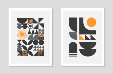 Soyut Bauhaus geometrik desenler dizisi. Basit şekilleri ve elementleri olan modaya uygun minimalist geometrik tasarım. Orta yüzyıl modern sanatsal vektör çizimleri..