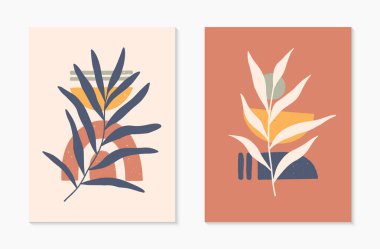 Yüzyılın ortalarında, organik şekilleri ve yaprakları olan soyut vektör illüstrasyonları. Minimalist sanat baskıları. Sanatsal tasarımlar pankartlar için mükemmel.