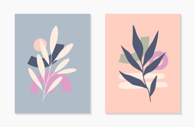 Yüzyılın ortalarında, organik şekilleri ve yaprakları olan soyut vektör illüstrasyonları. Minimalist sanat baskıları. Sanatsal tasarımlar pankartlar için mükemmel.