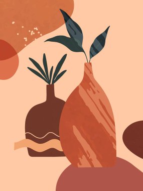 Vazolar, organik şekiller ve yapraklarla modern soyut vektör çizimi. Boho duvar sanat dekorasyonu. Sanatsal tasarım pankartlar için mükemmel; sosyal medya, davetiyeler, kapaklar, duvar kağıdı.