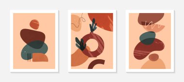 Vazolar, organik çeşitli şekiller ve dokular içeren bir dizi modern soyut vektör çizimleri. Boho suluboya duvar sanatı dekorasyonu. Pankartlar için moda sanatsal tasarımlar; sosyal medya, kapaklar, duvar kağıtları.