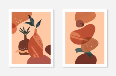 Vazolar, organik çeşitli şekiller ve dokular içeren bir dizi modern soyut vektör çizimleri. Boho suluboya duvar sanatı dekorasyonu. Pankartlar için moda sanatsal tasarımlar; sosyal medya, kapaklar, duvar kağıtları.