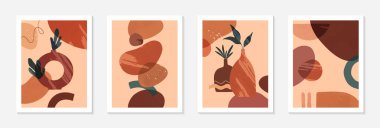 İçinde vazolar, organik çeşitli şekiller ve yapraklar bulunan bir grup modern soyut vektör çizimleri. Boho suluboya duvar sanatı dekorasyonu. Sanatsal tasarımlar pankartlar için mükemmel. Sosyal medya, kapaklar, duvar kağıtları.