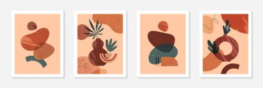 İçinde vazolar, organik çeşitli şekiller ve yapraklar bulunan bir grup modern soyut vektör çizimleri. Boho suluboya duvar sanatı dekorasyonu. Sanatsal tasarımlar pankartlar için mükemmel. Sosyal medya, kapaklar, duvar kağıtları.