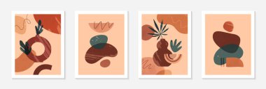 İçinde vazolar, organik çeşitli şekiller ve yapraklar bulunan bir grup modern soyut vektör çizimleri. Boho suluboya duvar sanatı dekorasyonu. Sanatsal tasarımlar pankartlar için mükemmel. Sosyal medya, kapaklar, duvar kağıtları.