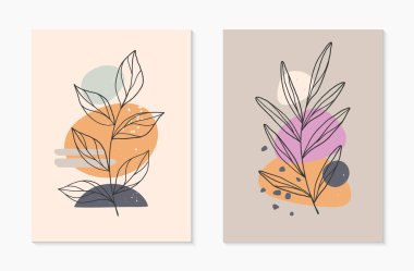 Çağdaş soyut vektör illüstrasyonları, çeşitli organik şekiller ve yeşillik çizgileri ile. Minimalist duvar sanat dekorasyonu. Pankartlar için son moda sanatsal tasarımlar; sosyal medya, davetiyeler, kapaklar, duvar kağıdı..