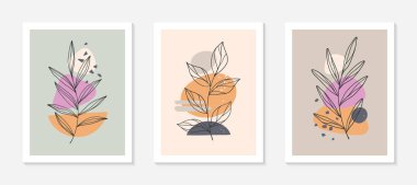 Çağdaş soyut vektör illüstrasyonları, çeşitli organik şekiller ve yeşillik çizgileri ile. Minimalist duvar sanat dekorasyonu. Pankartlar için son moda sanatsal tasarımlar; sosyal medya, davetiyeler, kapaklar, duvar kağıdı..