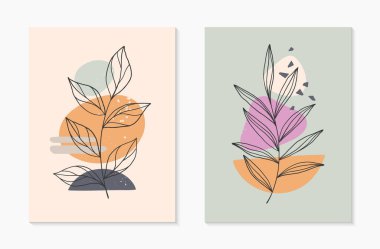 Çağdaş soyut vektör illüstrasyonları, çeşitli organik şekiller ve yeşillik çizgileri ile. Minimalist duvar sanat dekorasyonu. Pankartlar için son moda sanatsal tasarımlar; sosyal medya, davetiyeler, kapaklar, duvar kağıdı..