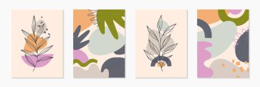 Çağdaş soyut vektör illüstrasyonları ile organik şekiller ve yeşillik çizgileri. Minimalist sanat baskıları. Pankartlar için moda sanatsal tasarımlar; sosyal medya, davetiyeler; markalaşma, kapsama alanı