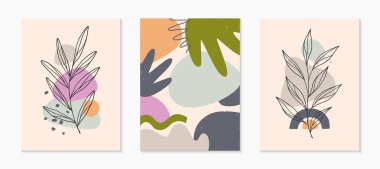 Çağdaş soyut vektör çizimleri, çeşitli organik şekillere ve yeşillik çizgilerine sahip. Minimalist sanat baskısı. Pankartlar için trend sanatsal tasarımlar; sosyal medya, davetiyeler, markalaşma, kapsama alanı