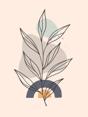 Organik şekilleri ve yeşillik çizgisi olan modern soyut vektör çizimi. Minimalist duvar sanat dekorasyonu. Sanatsal tasarımlar pankartlar için mükemmel; sosyal medya, davetiyeler, kapaklar, duvar kağıdı.