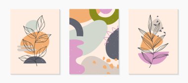 Çağdaş soyut vektör çizimleri, çeşitli organik şekillere ve yeşillik çizgilerine sahip. Minimalist sanat baskısı. Pankartlar için trend sanatsal tasarımlar; sosyal medya, davetiyeler, markalaşma, kapsama alanı