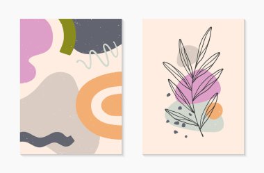 Çağdaş soyut vektör illüstrasyonları, çeşitli organik şekiller ve yeşillik çizgileri ile. Minimalist duvar sanat dekorasyonu. Pankartlar için son moda sanatsal tasarımlar; sosyal medya, davetiyeler, kapaklar, duvar kağıdı..