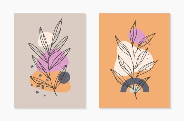 Çağdaş soyut vektör illüstrasyonları, çeşitli organik şekiller ve yeşillik çizgileri ile. Minimalist duvar sanat dekorasyonu. Pankartlar için son moda sanatsal tasarımlar; sosyal medya, davetiyeler, kapaklar, duvar kağıdı..