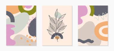 Çağdaş soyut vektör çizimleri, çeşitli organik şekillere ve yeşillik çizgilerine sahip. Minimalist sanat baskısı. Pankartlar için trend sanatsal tasarımlar; sosyal medya, davetiyeler, markalaşma, kapsama alanı