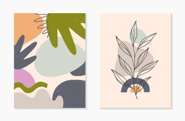 Çağdaş soyut vektör illüstrasyonları, çeşitli organik şekiller ve yeşillik çizgileri ile. Minimalist duvar sanat dekorasyonu. Pankartlar için son moda sanatsal tasarımlar; sosyal medya, davetiyeler, kapaklar, duvar kağıdı..