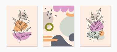 Çağdaş soyut vektör çizimleri, çeşitli organik şekillere ve yeşillik çizgilerine sahip. Minimalist sanat baskısı. Pankartlar için trend sanatsal tasarımlar; sosyal medya, davetiyeler, markalaşma, kapsama alanı