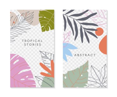 Tropikal palmiye yaprakları ile düzenlenebilir insta hikaye şablonları. Metin için kopyalama alanı olan ummer vektör düzenleri. Sosyal medya pazarlaması, dijital gönderi, baskılar için parlak canlı pankartlar..