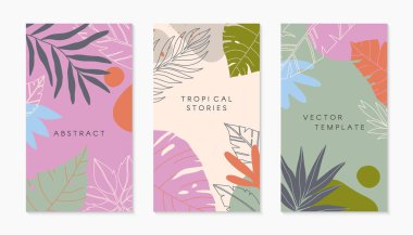 Tropikal palmiye yapraklı insta hikaye şablonları. Metin için kopyalama alanı olan modern yaz vektör düzenleri. Sosyal medya pazarlaması, dijital gönderi, baskılar için son moda tasarımlar..