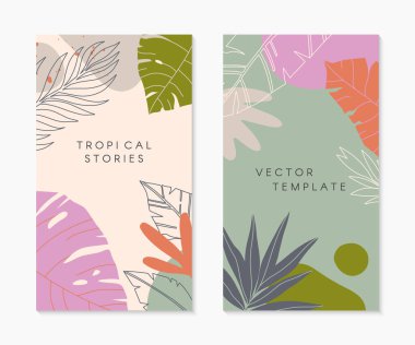 Tropikal palmiye yapraklı insta hikaye şablonları. Metin için kopyalama alanı olan modern yaz vektör düzenleri. Sosyal medya pazarlaması, dijital gönderi, baskılar için son moda tasarımlar..