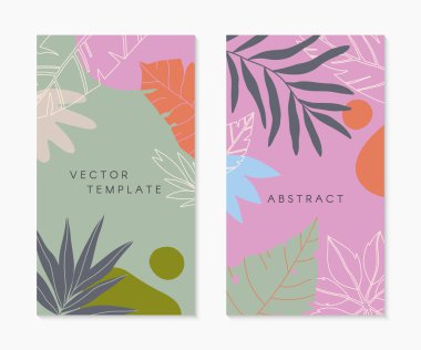 Tropikal palmiye yapraklı insta hikaye şablonları. Metin için kopyalama alanı olan modern yaz vektör düzenleri. Sosyal medya pazarlaması, dijital gönderi, baskılar için son moda tasarımlar..