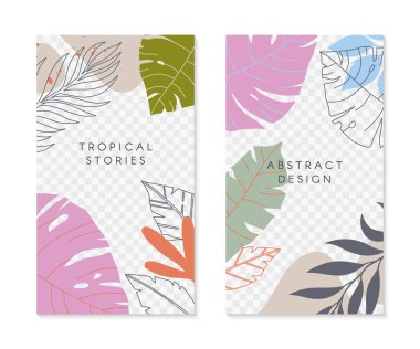 Tropikal palmiye yaprakları ile düzenlenebilir insta hikaye şablonları. Metin için kopyalama alanı olan ummer vektör düzenleri. Sosyal medya pazarlaması, dijital gönderi, baskılar için parlak canlı pankartlar..
