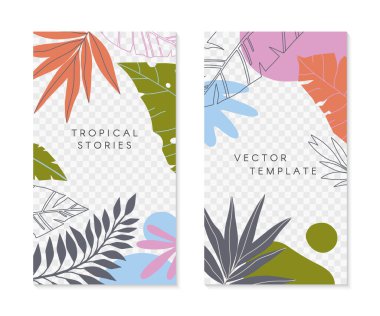 Tropikal palmiye yaprakları ile düzenlenebilir insta hikaye şablonları. Metin için kopyalama alanı olan ummer vektör düzenleri. Sosyal medya pazarlaması, dijital gönderi, baskılar için parlak canlı pankartlar..