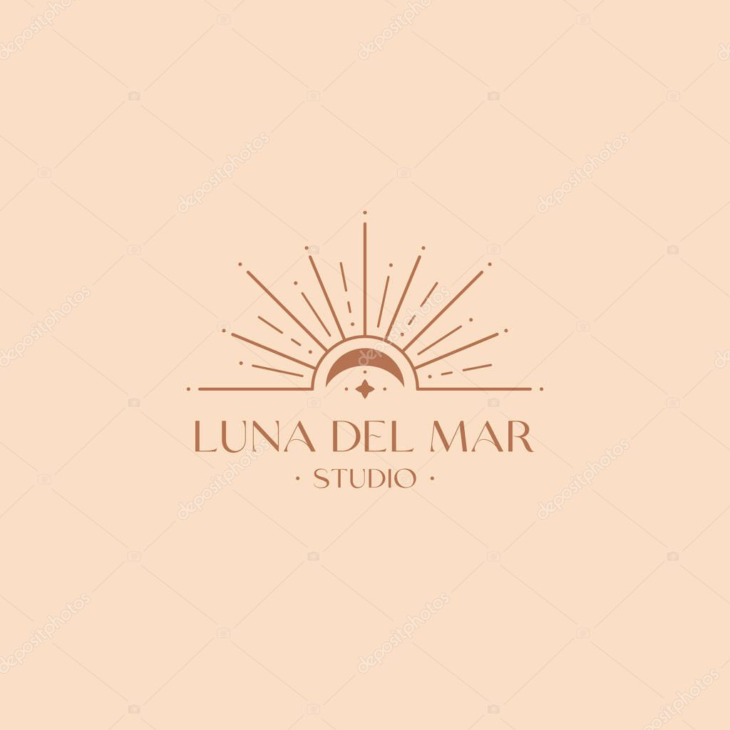 Premade vector bohemian logo design template with sun,moon and sunburst. Boho linear icon or symbol in trendy minimalist style.Modern celestial emblem.Branding design template.