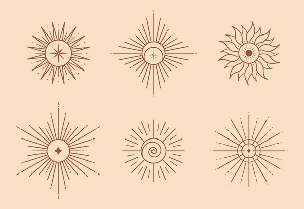 Güneş, ay ve güneş patlamalı vektör bohem logo dizayn şablonları. Moda minimalist stilde Boho doğrusal simgeleri veya sembolleri. Modern göksel amblemler. Markalaşma şablonları.