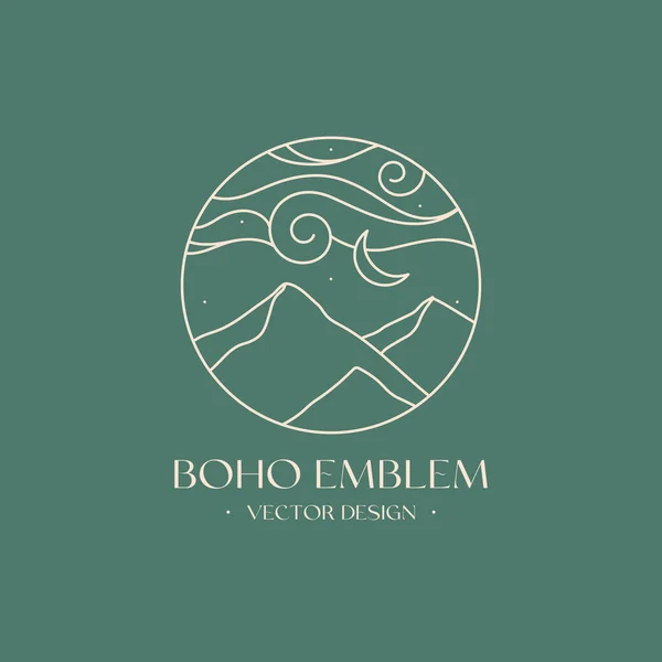 Vektorlineares Boho Emblem Bohemian Logo Design Mit Wolkenverhangenem Sternenhimmel Bergen — Stockvektor